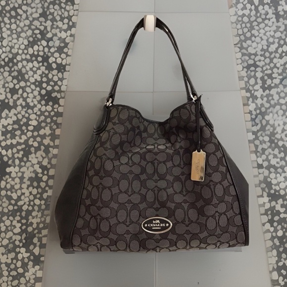 Coach Edie Shoulder Bag In Signature Jacquard Silver/Black Smoke 3 Compartments - Picture 1 of 16